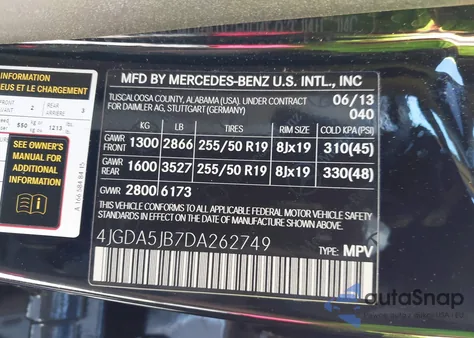 2013 Mercedes-Benz Ml 350 from USA, damaged, VIN 4JGDA5JB7DA262749